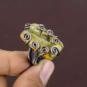 Кольцо из медной проволоки ручной работы с натуральным драгоценным камнем яшма шмеля, размер 9 I7Z86