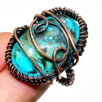 Кольцо из медной проволоки ручной работы с драгоценным камнем хризоколла, размер 10,5