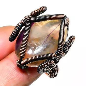 Кольцо из медной проволоки ручной работы с драгоценным камнем флюорит, размер 8