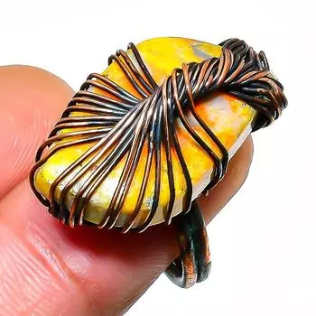 Кольцо из медной проволоки ручной работы с драгоценным камнем яшмой шмеля, размер 7,5