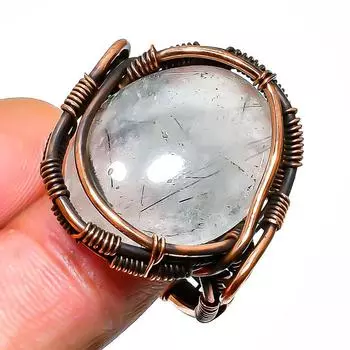 Кольцо из медной проволоки ручной работы с черным рутиловым драгоценным камнем, размер 8,5