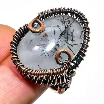 Кольцо из медной проволоки ручной работы с драгоценным камнем черного рутила, размер 9,5