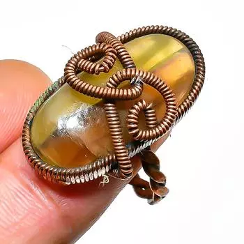 Кольцо из медной проволоки ручной работы с драгоценным камнем флюорит, размер 7