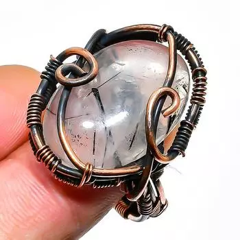 Кольцо из медной проволоки ручной работы с черным рутиловым драгоценным камнем, размер 9