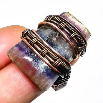 Кольцо из медной проволоки ручной работы с драгоценным камнем флюорит, размер 6,5