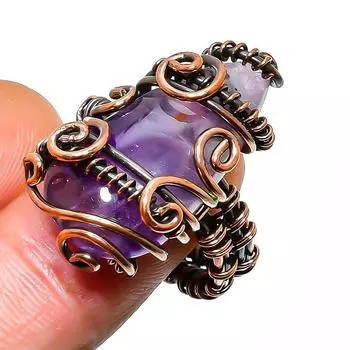 Кольцо из медной проволоки ручной работы с драгоценным камнем аметистового шалфея, размер 7,5