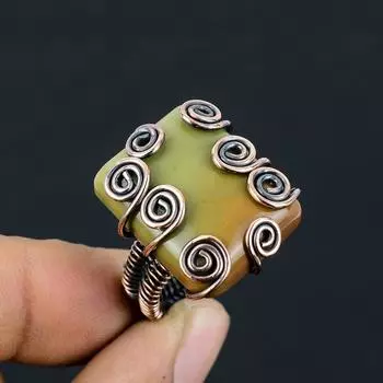 Кольцо из медной проволоки ручной работы из натуральной зеленой яшмы, размер 8,5 A4E07