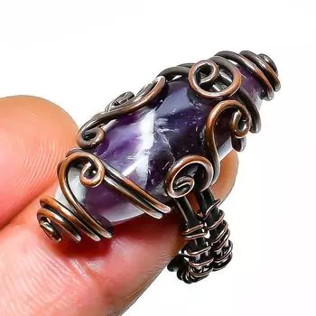 Кольцо из медной проволоки ручной работы с драгоценным камнем аметистового шалфея, размер 7,5