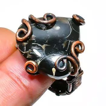 Кольцо из медной проволоки ручной работы с драгоценными камнями Turritella Fossil, размер 8,5