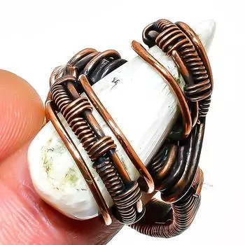 Кольцо из медной проволоки ручной работы с драгоценным камнем сколецитом, размер 8,5