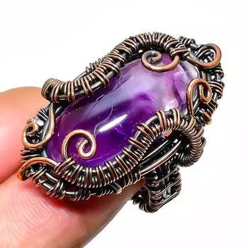 Кольцо из медной проволоки ручной работы с драгоценным камнем Sage Amethyst, размер 8