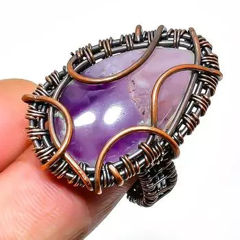 Кольцо из медной проволоки ручной работы с драгоценным камнем аметистового шалфея, размер 7,5