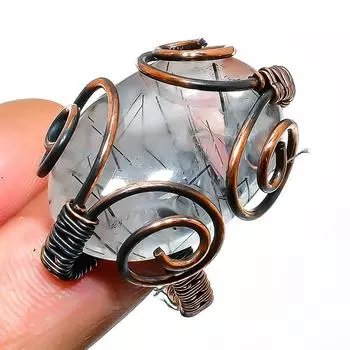 Кольцо из медной проволоки ручной работы с черным рутиловым драгоценным камнем, размер 10,5