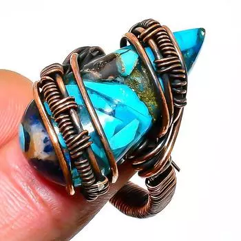 Кольцо из медной проволоки с бирюзовым драгоценным камнем, размер 8,5