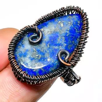 Кольцо из медной проволоки с драгоценным камнем лазурит ручной работы, размер 10,5