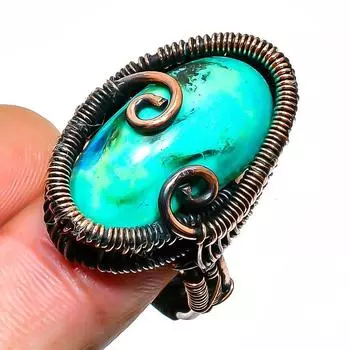 Кольцо из медной проволоки с драгоценным камнем хризоколла, размер 8