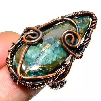 Кольцо из медной проволоки с драгоценным камнем серафинитом ручной работы, размер 8