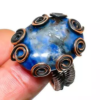 Кольцо из медной проволоки с драгоценным камнем лазурит ручной работы, размер 9,5