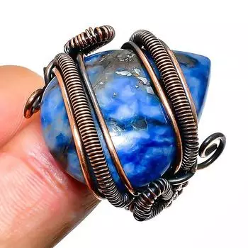 Кольцо из медной проволоки с драгоценным камнем лазурит ручной работы, размер 10