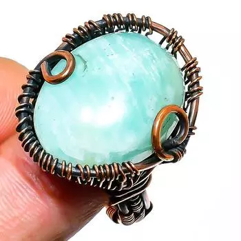 Кольцо из медной проволоки с драгоценным камнем амазонит, размер 8,5
