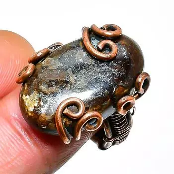 Кольцо из медной проволоки с драгоценным камнем бронзит, размер 6