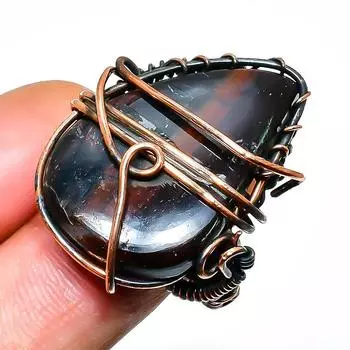 Кольцо из медной проволоки с драгоценным камнем «Железный тигровый глаз» ручной работы, размер 4,5