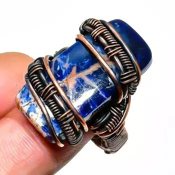 Кольцо из медной проволоки с драгоценным камнем содалит, размер 8