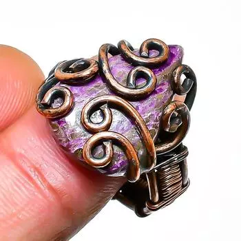 Кольцо из медной проволоки с драгоценным камнем пурпурит, размер 7,5