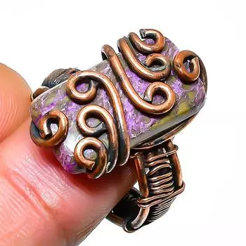 Кольцо из медной проволоки с драгоценным камнем пурпурит, размер 8