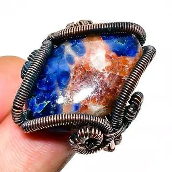 Кольцо из медной проволоки с драгоценным камнем содалит, размер 9,5