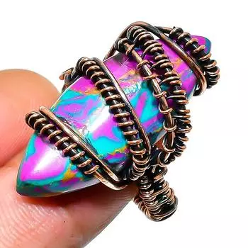 Кольцо из медной проволоки с мозаикой из драгоценных камней яшмы ручной работы, размер 8