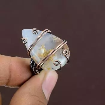 Кольцо из медной проволоки с натуральным дендритовым опалом, драгоценный камень ручной работы, размер 8 s4E96
