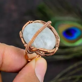 Кольцо из медной проволоки с натуральным радужным лунным камнем ручной работы, размер 5 Q3R62