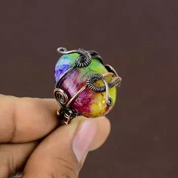 Кольцо из медной проволоки с натуральным радужным солнечным кварцем и драгоценным камнем ручной работы S.7.5 p9d51