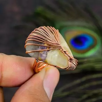 Кольцо из медной проволоки с натуральным русским чароитом ручной работы, размер 7 s2q38