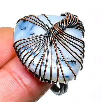 Кольцо из медной проволоки с опалом и дендритом, размер 10,5