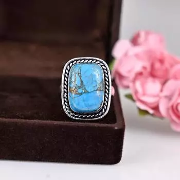 Кольцо из многоцветной меди и бирюзы, кольцо из стерлингового серебра, серебряное кольцо с бирюзой, кольцо с драгоценными камнями, кольцо в стиле бохо, кольцо с бирюзой, женское кольцо, подарок Us 6 синий