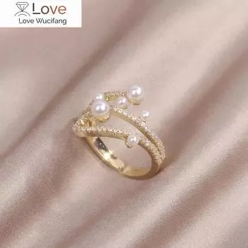 Кольцо из настоящего золота 14 карат с гальваническим покрытием из циркония и многослойной имитацией жемчуга, элегантное женское повседневное рабочее кольцо с регулируемым отверстием Resizable белый
