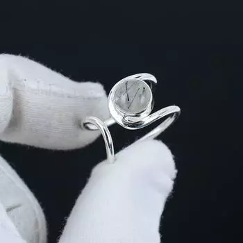 Кольцо из натурального черного рутила с регулируемой оправой из стерлингового серебра 925 пробы — подходит для размеров США от 6 до 10 — украшения ручной работы в стиле бохо для женщин и мужчин, подарки на День святого Валентина Adjustable чёрный