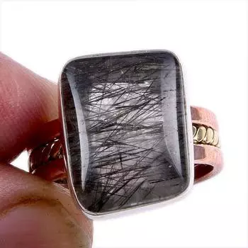 Кольцо из натурального черного рутила, драгоценный камень, 925 пробы, сплошное серебро, двухцветное, S.7US J7y15