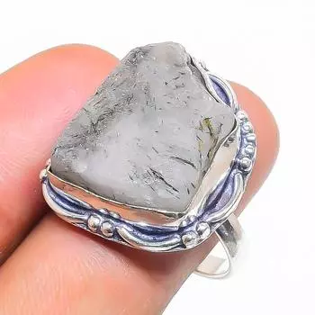 Кольцо из натурального черного рутила, необработанный драгоценный камень, стерлинговое серебро 925 пробы, размер 8 W9B44