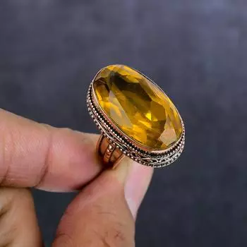 Кольцо из натурального цитрина с драгоценным камнем ручной работы из меди, размер 8 P6e10