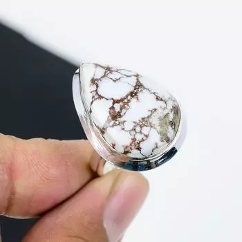 Кольцо из натурального дикого коня, регулируемое, из стерлингового серебра 925 пробы - подходит для размеров США от 6 до 11 - украшения ручной работы в стиле бохо для женщин и мужчин, праздничные наряды в подарок Adjustable белый