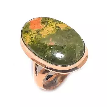 Кольцо из натурального драгоценного камня унакит, размер 8,5, y0W63, медное, ручная работа