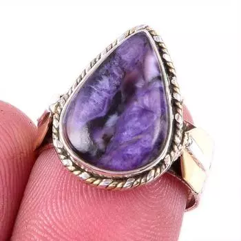 Кольцо из натурального драгоценного камня чароит, ручная работа, 925 пробы, двухцветное, размер 7US y2G89