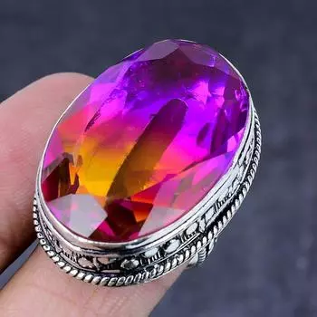 Кольцо из натурального двухцветного турмалина ручной работы из серебра 925 пробы S.8.5 o3P75