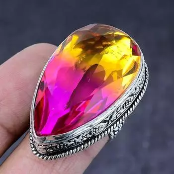 Кольцо из натурального двухцветного турмалина ручной работы из серебра 925 пробы S.7.5 U8e80