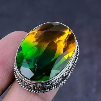 Кольцо из натурального двухцветного турмалина ручной работы из серебра 925 пробы S.7 C3I32