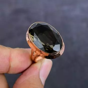 Кольцо из натурального дымчатого топаза ручной работы из меди, размер 8 H3R85