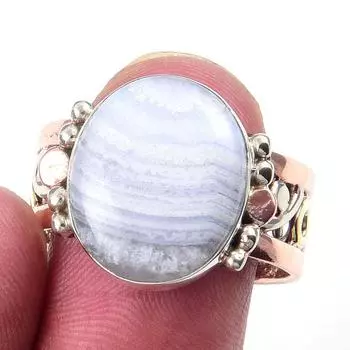 Кольцо из натурального голубого кружевного агата, двухцветное, из стерлингового серебра 925 пробы, размер 10 E7Z22